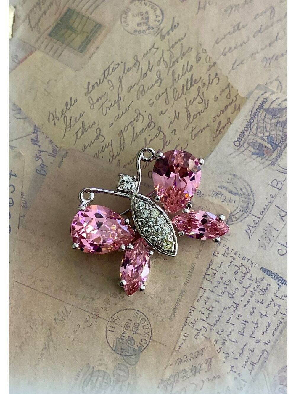 Vintage Swarovski Crystal Sparkling Pink Crystal Butterfly Brooch Silver Tone